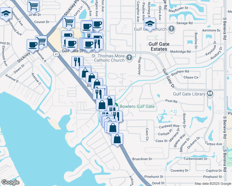 map of restaurants, bars, coffee shops, grocery stores, and more near 7046 Woodside Oaks Circle in Sarasota