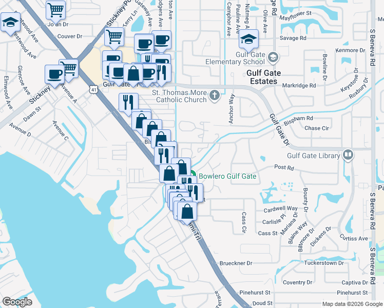map of restaurants, bars, coffee shops, grocery stores, and more near 7183 Wood Creek Drive in Sarasota