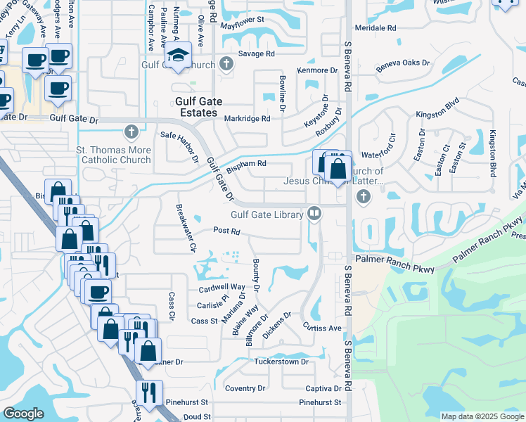 map of restaurants, bars, coffee shops, grocery stores, and more near 3076 Gulf Gate Dr in Sarasota