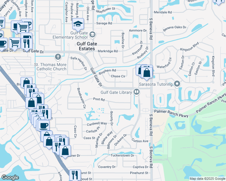 map of restaurants, bars, coffee shops, grocery stores, and more near 3076 Gulf Gate Drive in Sarasota