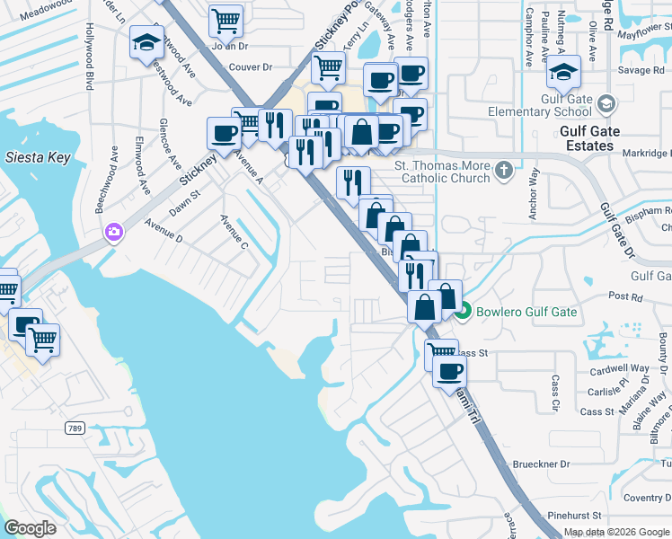 map of restaurants, bars, coffee shops, grocery stores, and more near 53 3rd Street in Sarasota