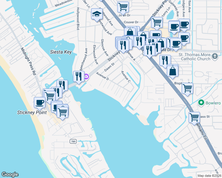 map of restaurants, bars, coffee shops, grocery stores, and more near 1611 Stella Drive in Sarasota