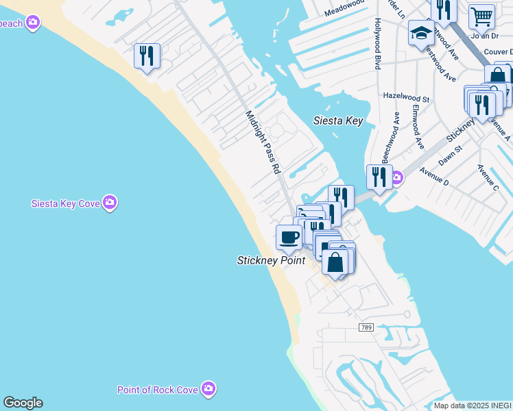 map of restaurants, bars, coffee shops, grocery stores, and more near 6300 Midnight Pass Road in Siesta Key