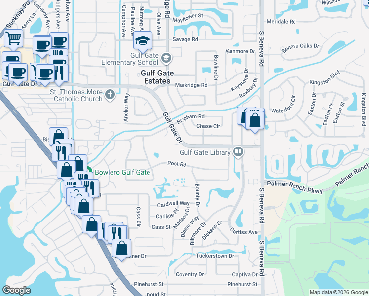 map of restaurants, bars, coffee shops, grocery stores, and more near 3040 Gulf Gate Drive in Sarasota