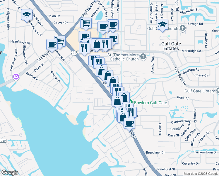 map of restaurants, bars, coffee shops, grocery stores, and more near 7080-7098 South Tamiami Trail in Sarasota