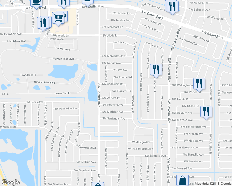 map of restaurants, bars, coffee shops, grocery stores, and more near 1566 Southwest Flagami Road in Port Saint Lucie