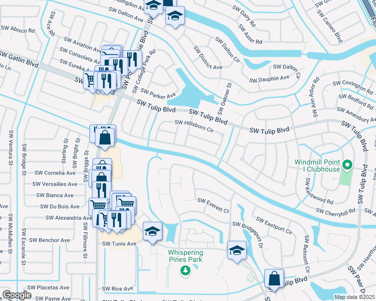 map of restaurants, bars, coffee shops, grocery stores, and more near 682 Southwest College Park Road in Port Saint Lucie