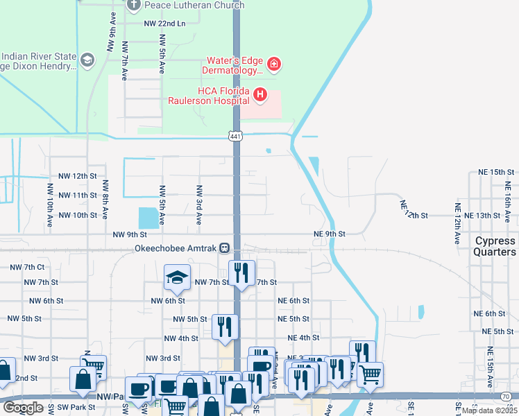 map of restaurants, bars, coffee shops, grocery stores, and more near 110 Northeast 10th Street in Okeechobee