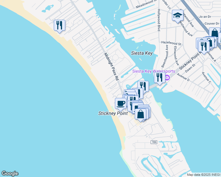 map of restaurants, bars, coffee shops, grocery stores, and more near 6326 Midnight Pass Road in Sarasota