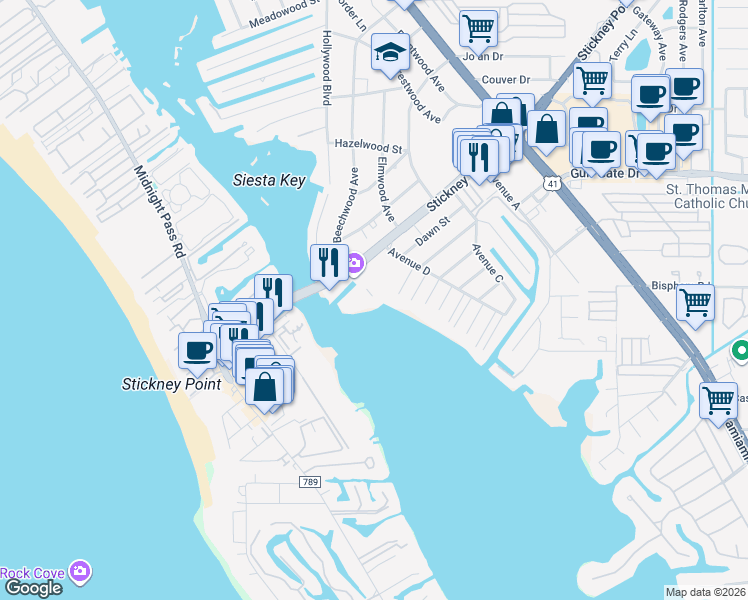 map of restaurants, bars, coffee shops, grocery stores, and more near 1608 Stickney Point Road in Sarasota