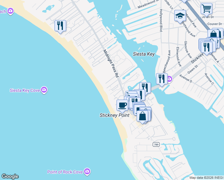 map of restaurants, bars, coffee shops, grocery stores, and more near 6326 Midnight Pass Road in Sarasota