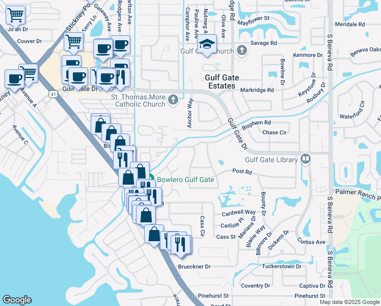 map of restaurants, bars, coffee shops, grocery stores, and more near 2411 Breakwater Circle in Sarasota