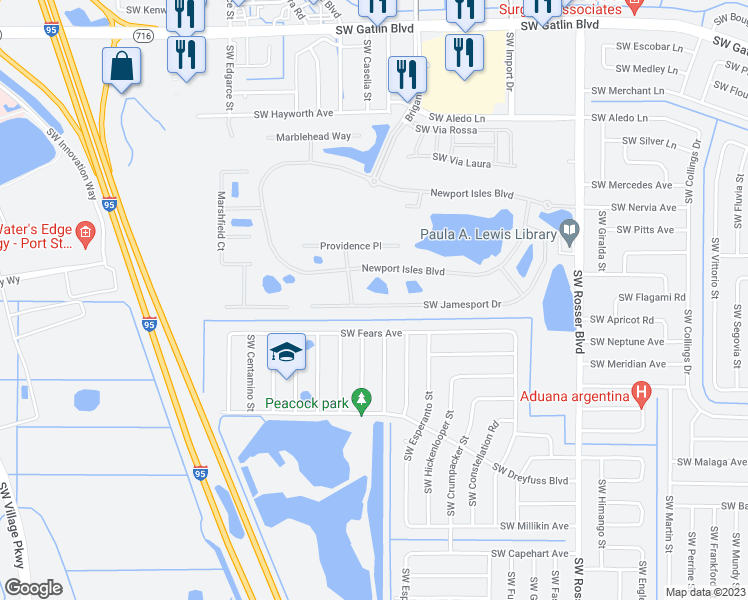 map of restaurants, bars, coffee shops, grocery stores, and more near 1939 James Port Drive in Port St. Lucie