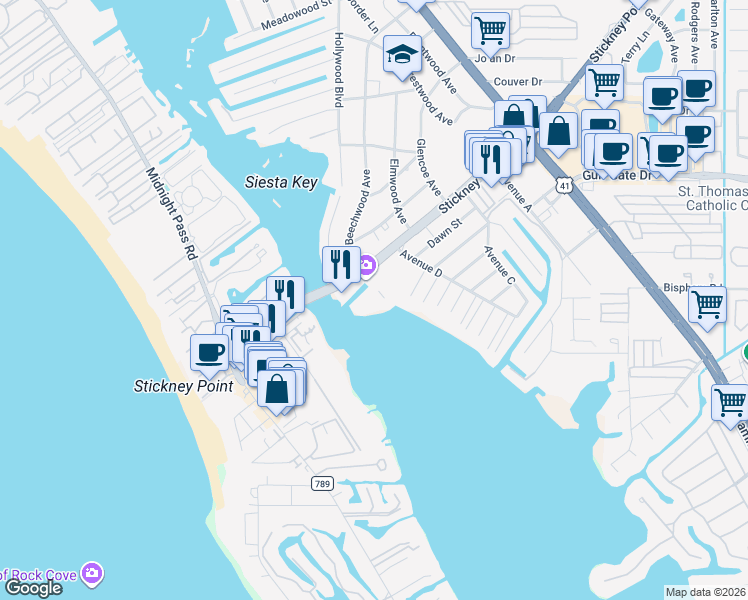 map of restaurants, bars, coffee shops, grocery stores, and more near 1604 Stickney Point Road in Sarasota