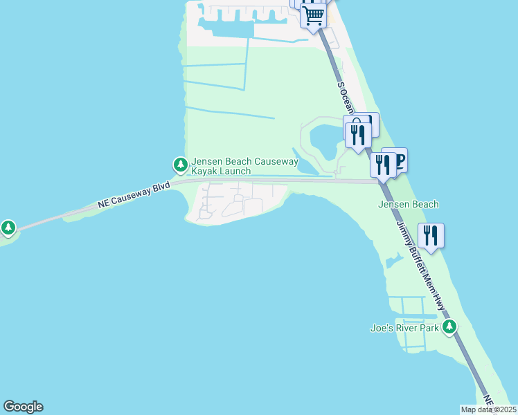 map of restaurants, bars, coffee shops, grocery stores, and more near 3442 Northeast Causeway Boulevard in Jensen Beach