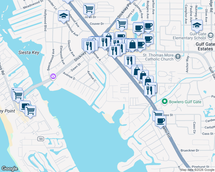 map of restaurants, bars, coffee shops, grocery stores, and more near 1918 Baywood Terrace in Sarasota