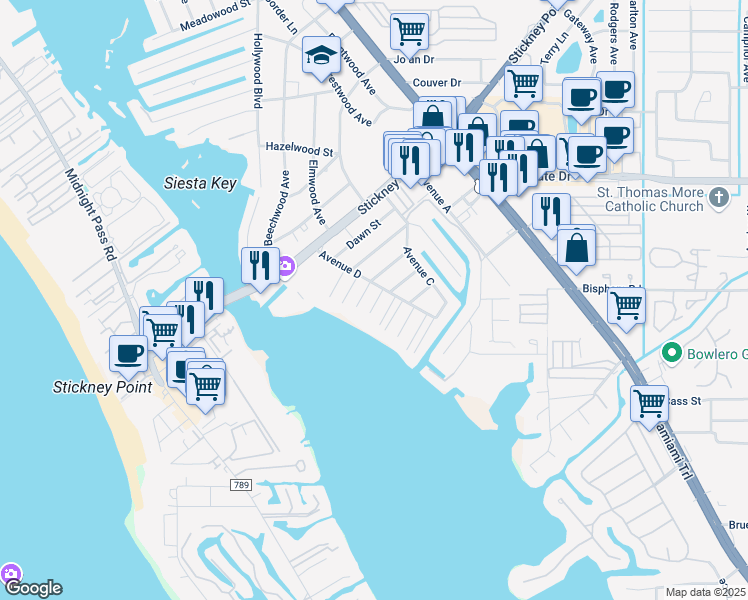 map of restaurants, bars, coffee shops, grocery stores, and more near 1611 Stella Drive in Sarasota