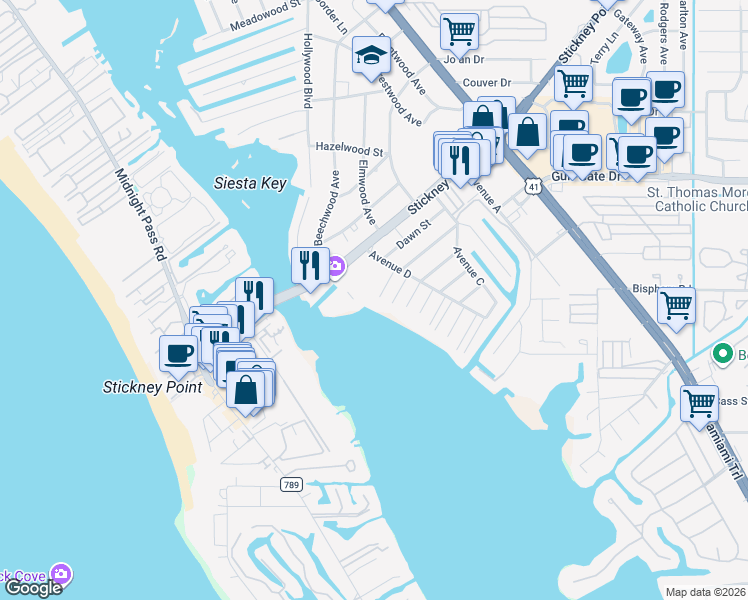 map of restaurants, bars, coffee shops, grocery stores, and more near 1621 Memory Lane in Sarasota