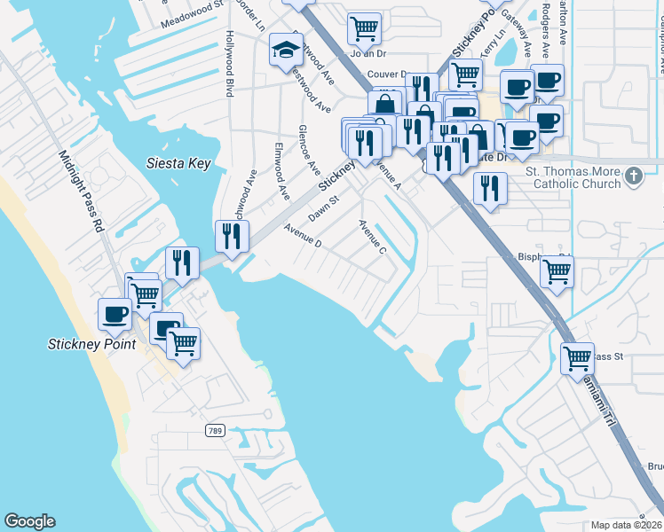 map of restaurants, bars, coffee shops, grocery stores, and more near 6647 Avenue D in Sarasota