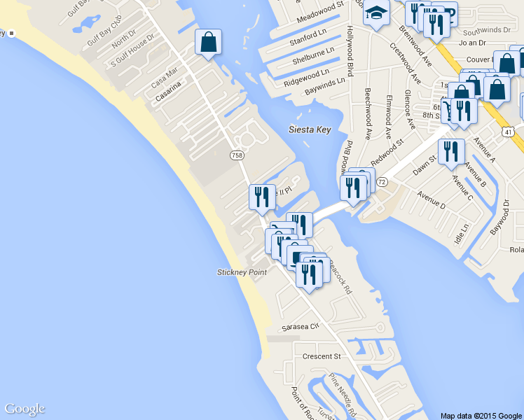 map of restaurants, bars, coffee shops, grocery stores, and more near Midnight Cove II Place in Siesta Key