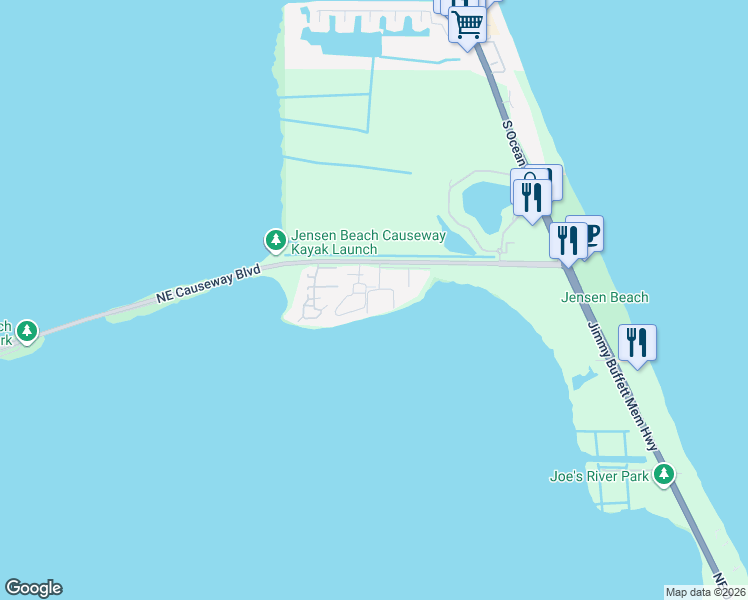 map of restaurants, bars, coffee shops, grocery stores, and more near 4139 Northeast Moon River Circle in Jensen Beach