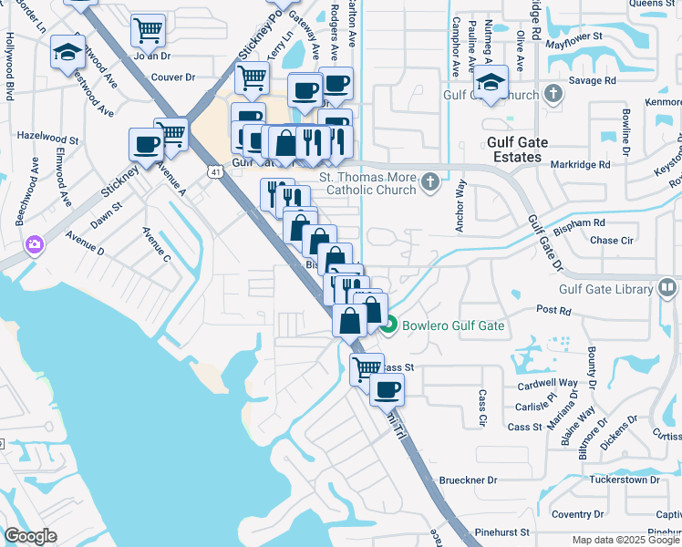 map of restaurants, bars, coffee shops, grocery stores, and more near 2227 Pueblo Lane in Sarasota