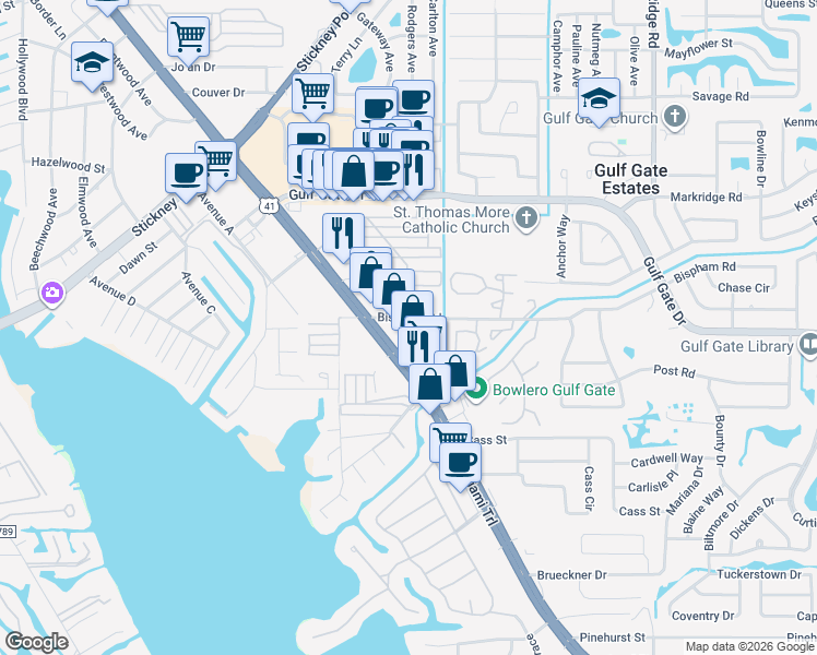 map of restaurants, bars, coffee shops, grocery stores, and more near 2227 Pueblo Lane in Sarasota
