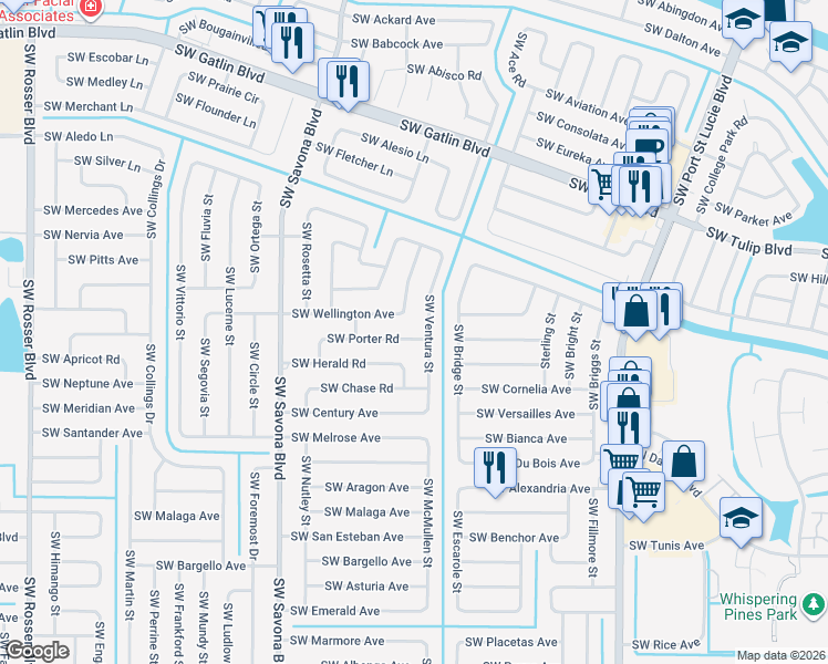 map of restaurants, bars, coffee shops, grocery stores, and more near 2999 Southwest Van Buren Terrace in Port St. Lucie