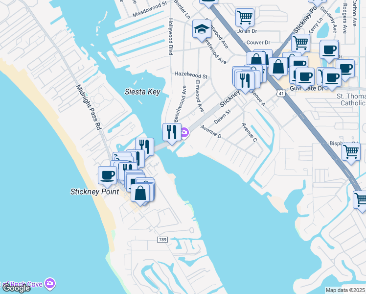 map of restaurants, bars, coffee shops, grocery stores, and more near 1522 Stickney Point Road in Sarasota