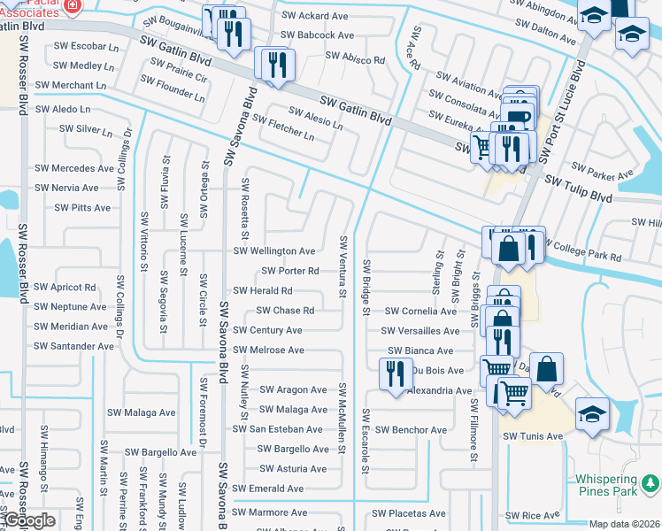 map of restaurants, bars, coffee shops, grocery stores, and more near 2999 Southwest Van Buren Terrace in Port St. Lucie