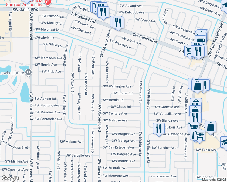 map of restaurants, bars, coffee shops, grocery stores, and more near 1291 Southwest Wellington Avenue in Port St. Lucie