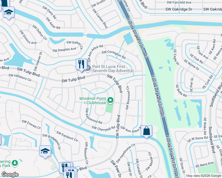 map of restaurants, bars, coffee shops, grocery stores, and more near 249 Southwest Homeland Road in Port St. Lucie
