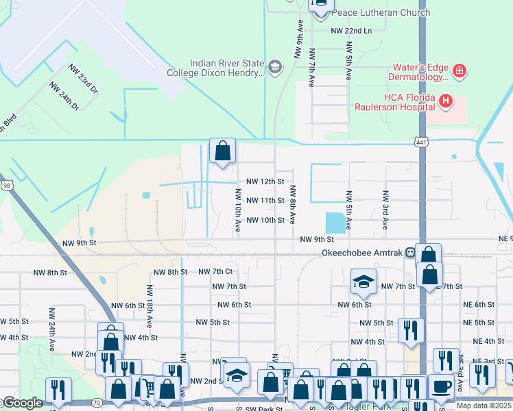 map of restaurants, bars, coffee shops, grocery stores, and more near 914 Northwest 11th Street in Okeechobee