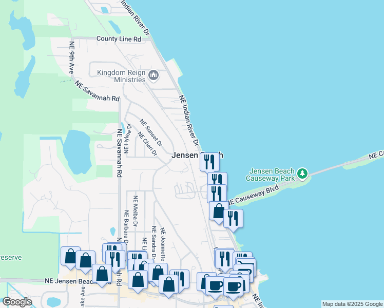 map of restaurants, bars, coffee shops, grocery stores, and more near 4100 Northeast Indian River Drive in Jensen Beach