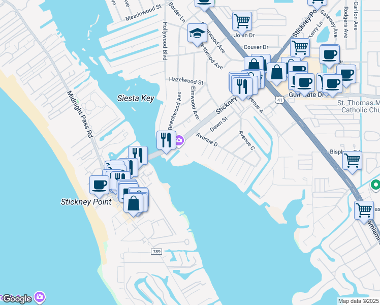 map of restaurants, bars, coffee shops, grocery stores, and more near 1614 Stickney Point Road in Sarasota