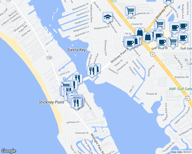 map of restaurants, bars, coffee shops, grocery stores, and more near 1522 Stickney Point Road in Sarasota