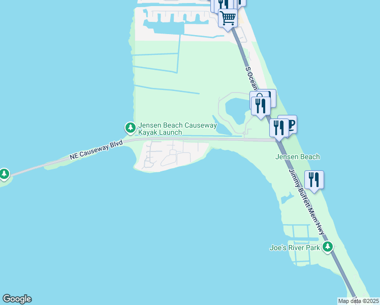 map of restaurants, bars, coffee shops, grocery stores, and more near 3442 Northeast Causeway Boulevard in Jensen Beach