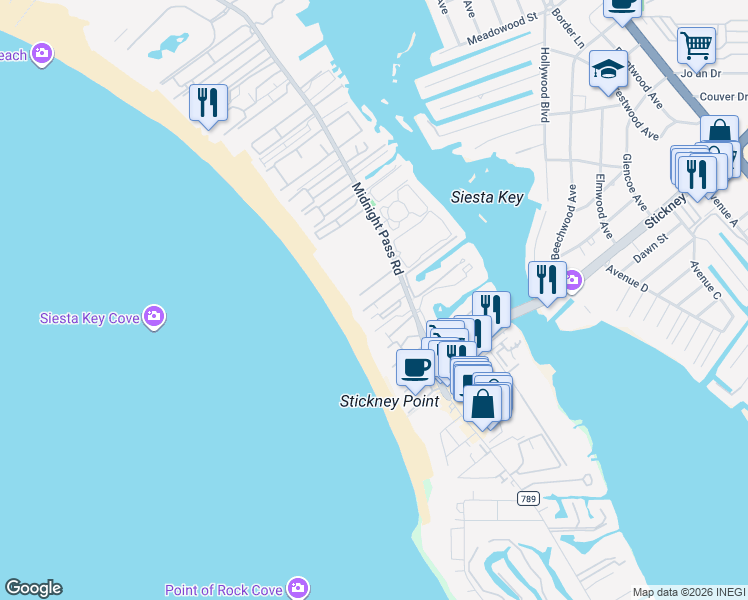 map of restaurants, bars, coffee shops, grocery stores, and more near 6300 Midnight Pass Road in Sarasota