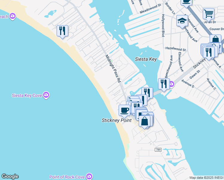 map of restaurants, bars, coffee shops, grocery stores, and more near 6300 Midnight Pass Road in Sarasota