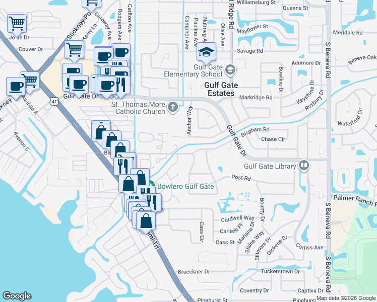 map of restaurants, bars, coffee shops, grocery stores, and more near 2407 Bispham Road in Sarasota