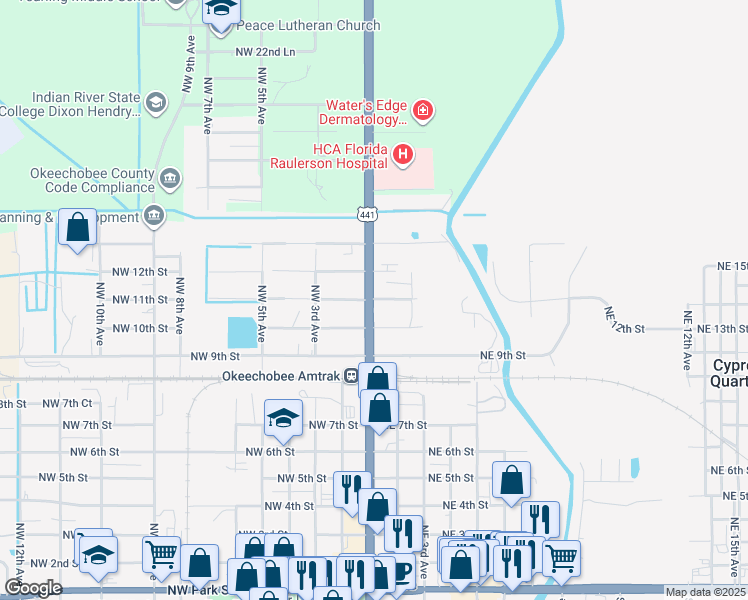 map of restaurants, bars, coffee shops, grocery stores, and more near 111 Northeast 11th Street in Okeechobee
