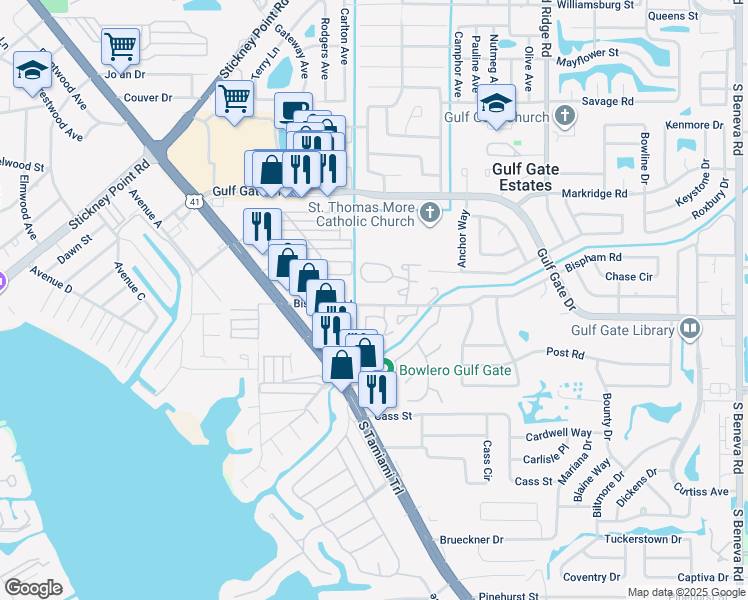 map of restaurants, bars, coffee shops, grocery stores, and more near 2225 Bispham Road in Sarasota