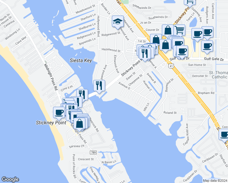 map of restaurants, bars, coffee shops, grocery stores, and more near 1614 Stickney Point Road in Sarasota