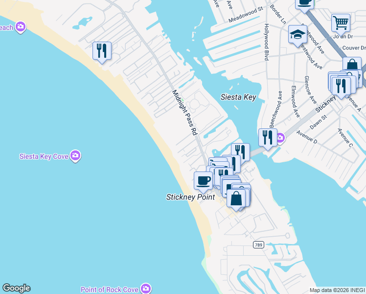 map of restaurants, bars, coffee shops, grocery stores, and more near 6300 Midnight Pass Road in Sarasota