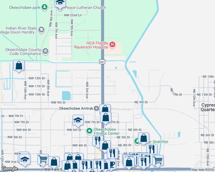 map of restaurants, bars, coffee shops, grocery stores, and more near 111 Northeast 11th Street in Okeechobee