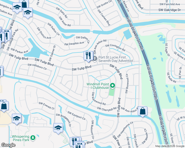 map of restaurants, bars, coffee shops, grocery stores, and more near 391 Southwest Cherryhill Road in Port St. Lucie