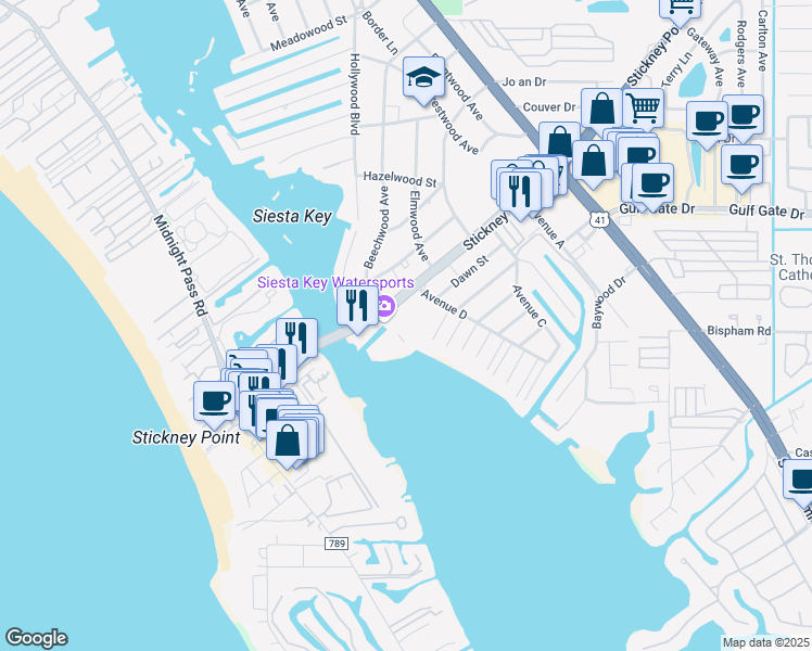 map of restaurants, bars, coffee shops, grocery stores, and more near 1614 Stickney Point Road in Sarasota