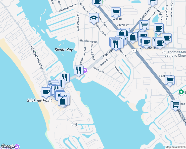 map of restaurants, bars, coffee shops, grocery stores, and more near 1624 Stickney Point Road in Sarasota