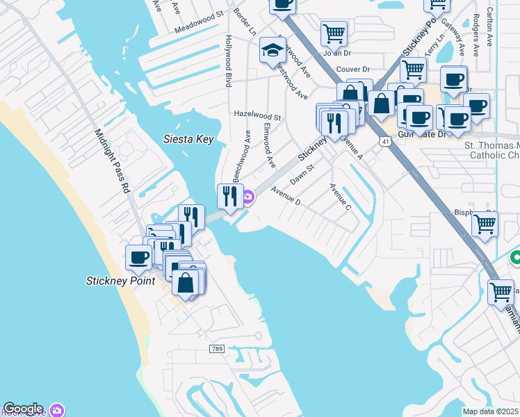 map of restaurants, bars, coffee shops, grocery stores, and more near 1618 Stickney Point Road in Sarasota
