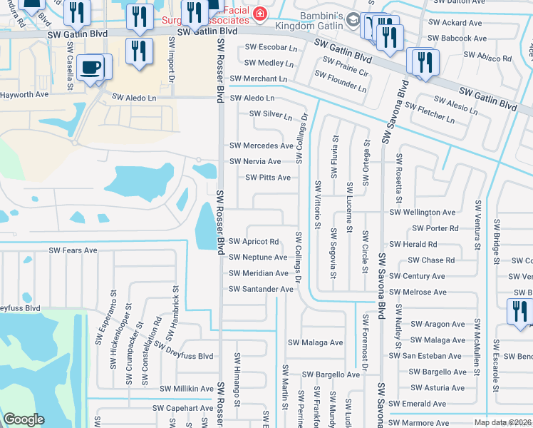 map of restaurants, bars, coffee shops, grocery stores, and more near 1566 Southwest Andalusia Road in Port St. Lucie